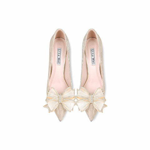 Gold Low Heel Bridal Pumps with Rhinestone Bow